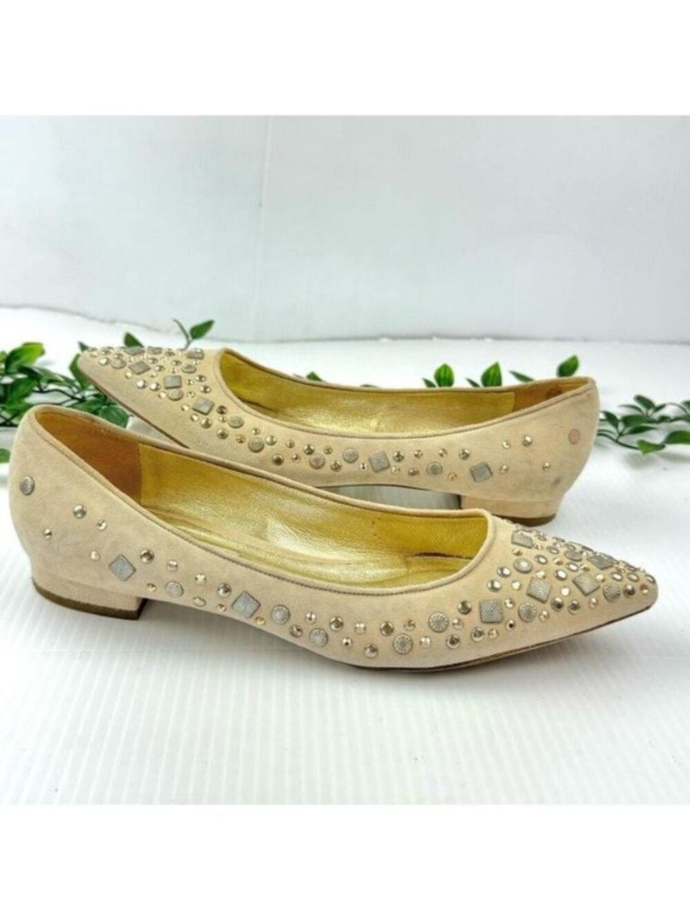 EMY MACK ivory studded suede ballet flats pointed toe 7.5